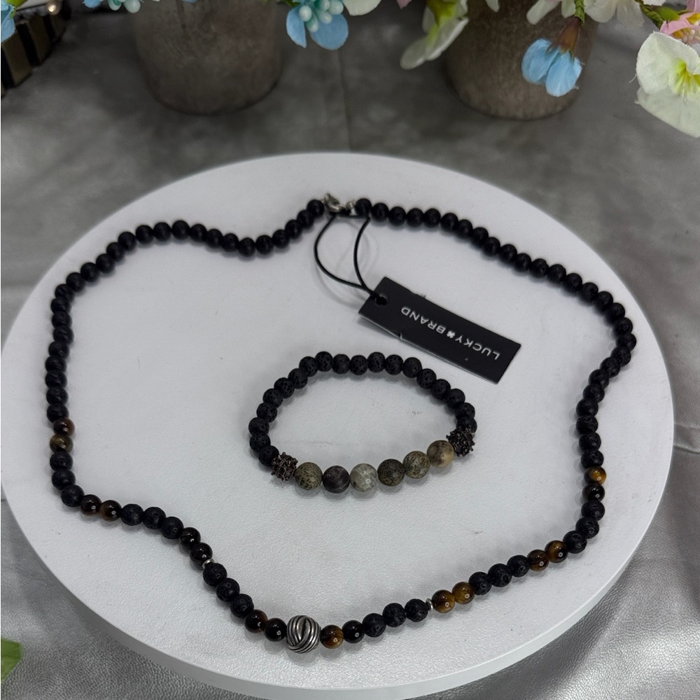 (Z4) Men's Lucky Bra elastic necklace and bracelet set with volcanic rock beads